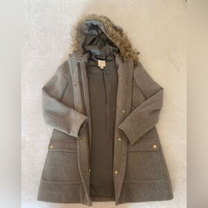 J Crew Grey Hooded Women's Coat with Faux Fur Trim 50% wool